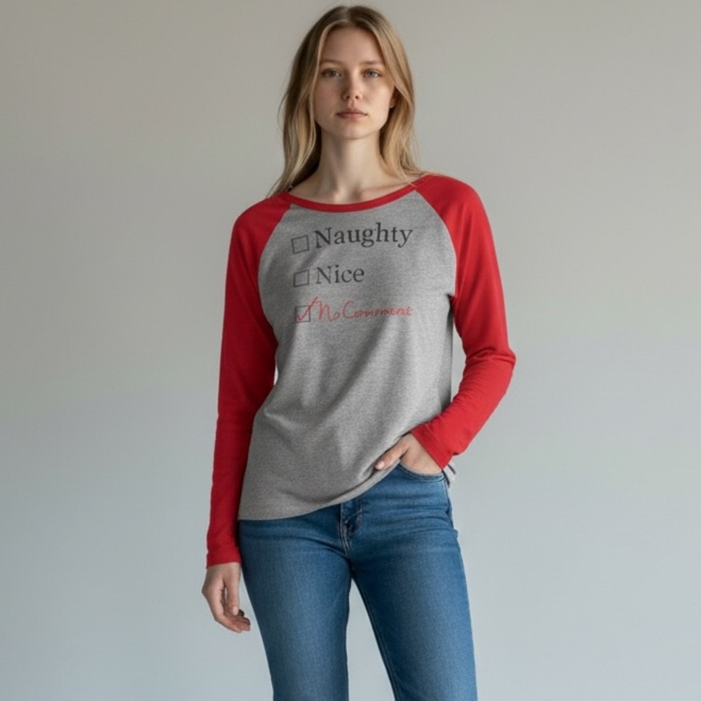“Naughty, Nice, No Comment” Women’s Grey and Red Baseball Tee size M Christmas - Picture 3 of 12